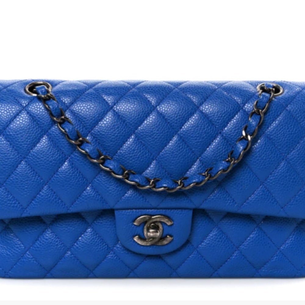 Authentic CHANEL Caviar Quilted Medium Double Flap in a stunning, vibrant blue - Picture 9 of 15